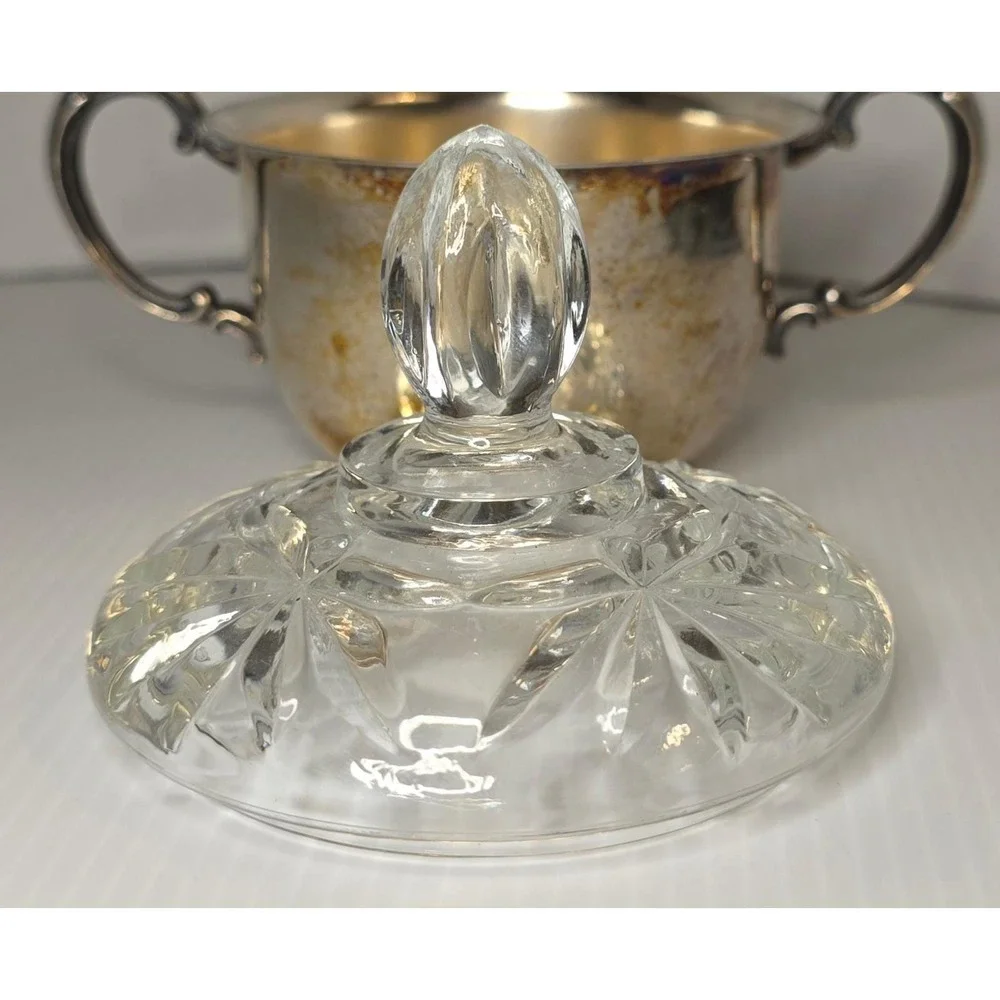 Sheridan Sugar Bowl OS Silver Fair Vintage Silver Plated Cut Glass‎ Lid